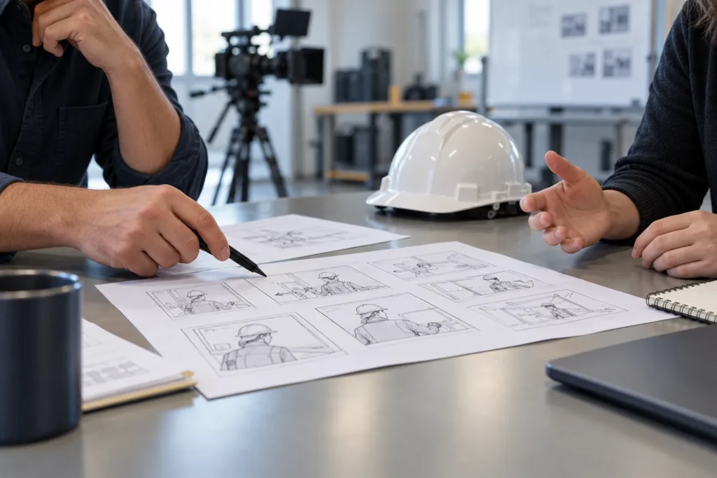 Illustrative reviewers discussing storyboard pages beside a safety helmet, with a camera in the background