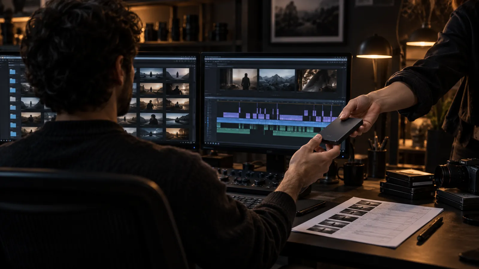 Illustrative producer handing a storage drive to an editor beside organized footage bins