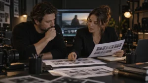 Illustrative producer and brand manager reviewing storyboards and feedback in a video production studio