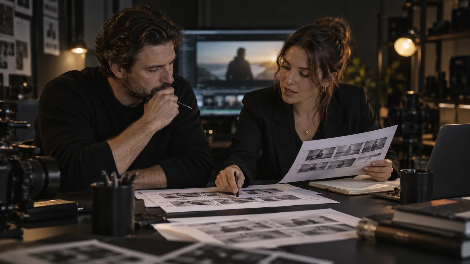 Illustrative producer and brand manager reviewing storyboards and feedback in a video production studio
