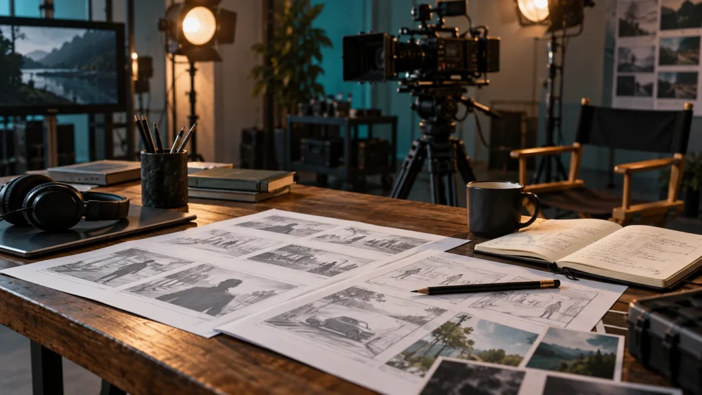 Storyboard sheets and a planning notebook on a studio table, with a cinema camera in the background