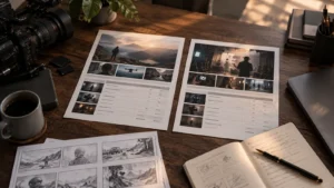 Illustrative production proposals and storyboards arranged beside a cinema camera on a producer’s desk