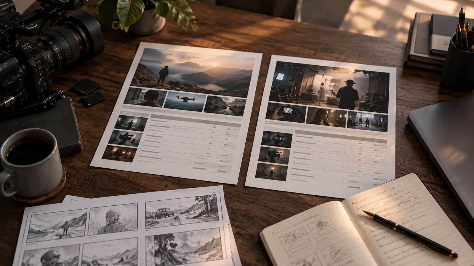 Illustrative production proposals and storyboards arranged beside a cinema camera on a producer’s desk