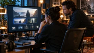 Illustrative creative team reviewing viewer choices in an interactive film prototype