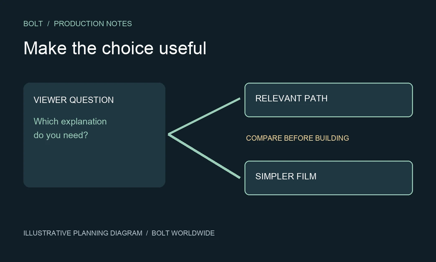 Illustrative interactive video decision diagram comparing a useful viewer choice with a simpler linear film