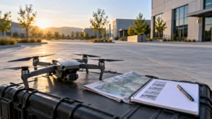 Grounded camera drone and location planning materials beside an empty industrial courtyard